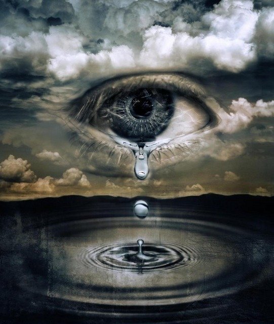 Surreal digital artwork of a giant tearful eye merging with a stormy sky, a single tear falling into a still body of water below